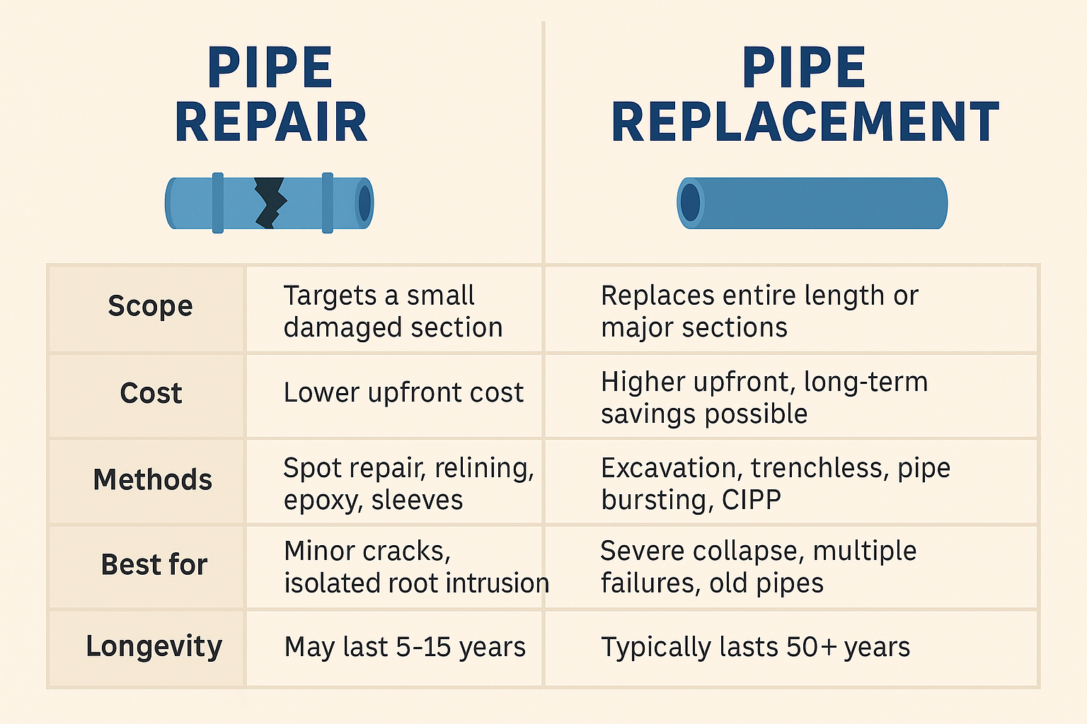pipe-repair-vs-replacement-comparison Illustrated side-by-side comparison chart showing key differences between pipe repair and pipe replacement, including cost, methods, best use cases, and longevity.