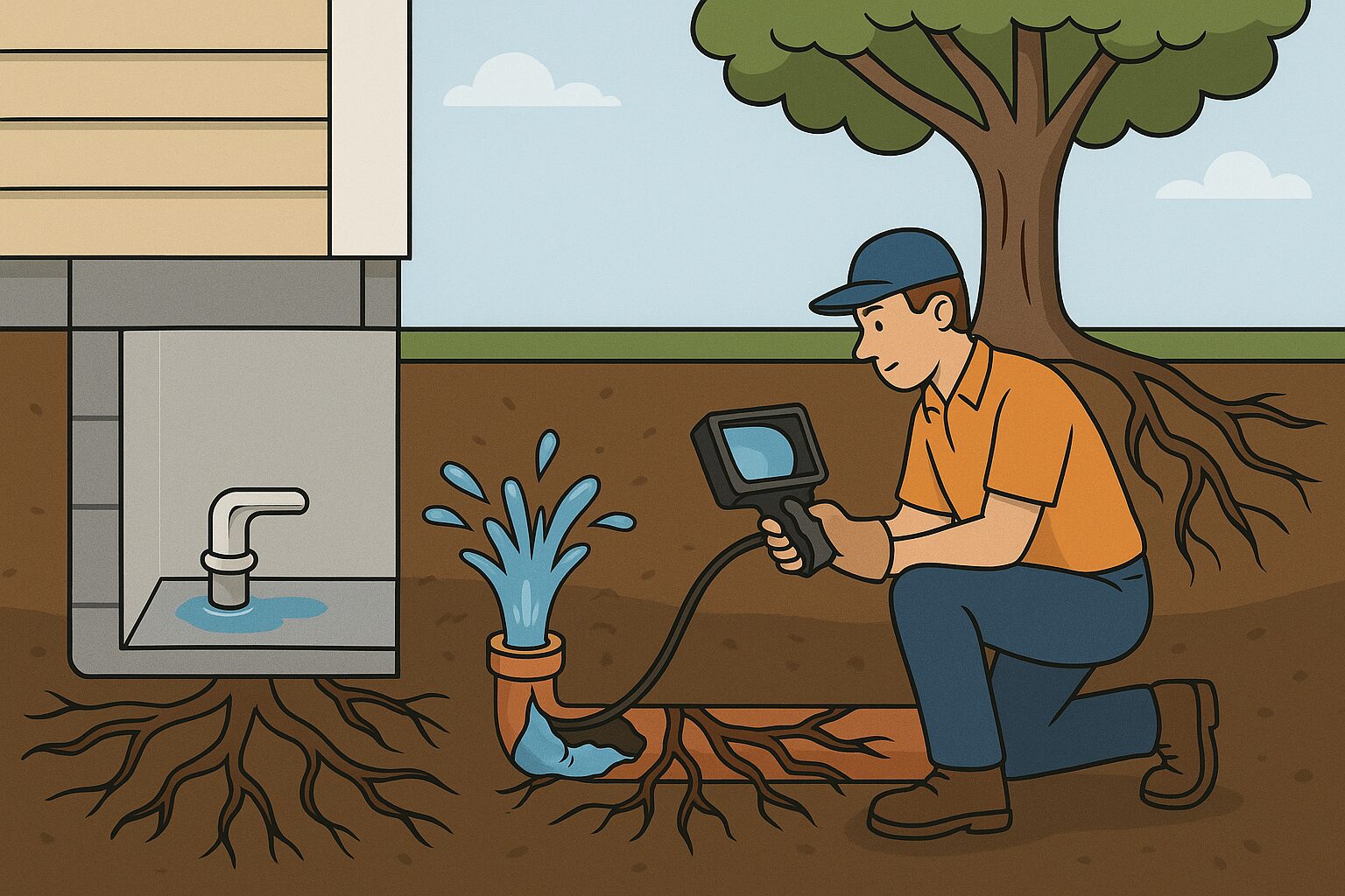 sewer-backup-dayton-illustration Cross-sectional illustration of a Dayton plumber inspecting a cracked sewer drain invaded by tree roots, with dirty water backing up into a flooded basement