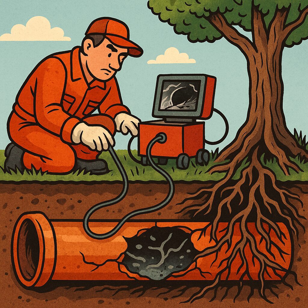 sewer-backup-illustration Dayton sewer line replacement illustration showing cracked pipe and roots