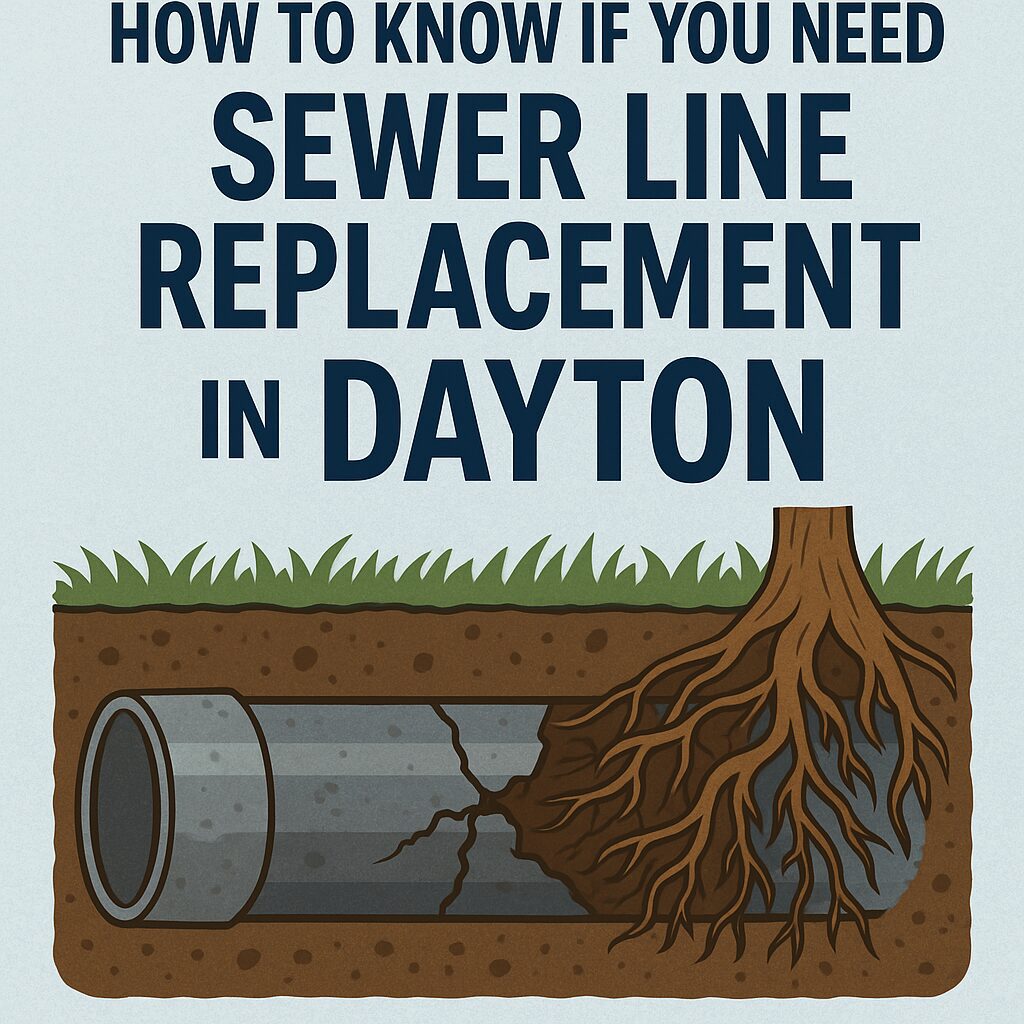 sewer-line-replacement-dayton-warning-signs Illustration showing tree roots cracking an underground sewer pipe with text reading "How to Know if You Need Sewer Line Replacement in Dayton" – visual guide for homeowners.