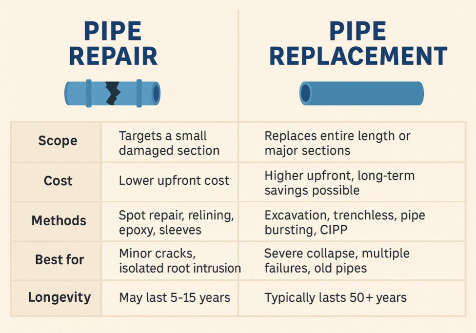 pipe-repair-vs-replacement-comparison Illustrated side-by-side comparison chart showing key differences between pipe repair and pipe replacement, including cost, methods, best use cases, and longevity.