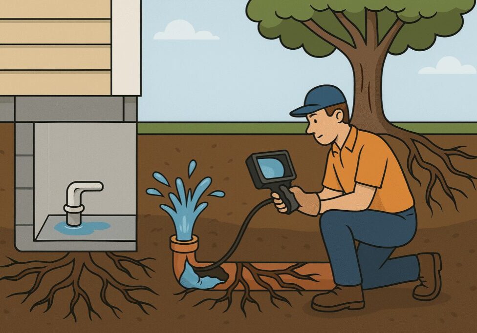 sewer-backup-dayton-illustration Cross-sectional illustration of a Dayton plumber inspecting a cracked sewer drain invaded by tree roots, with dirty water backing up into a flooded basement