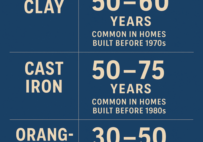 sewer-drain-lifespan-by-pipe-material Informational chart comparing sewer drain lifespan by pipe material, including clay, cast iron, Orangeburg, and PVC, with expected years of service and construction era.