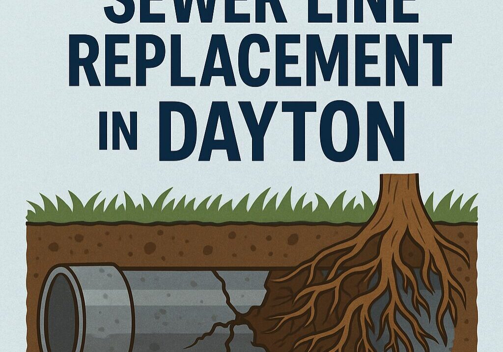 sewer-line-replacement-dayton-warning-signs Illustration showing tree roots cracking an underground sewer pipe with text reading "How to Know if You Need Sewer Line Replacement in Dayton" – visual guide for homeowners.